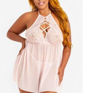 MESH & LACE HALTER BABYDOLL SET RED
